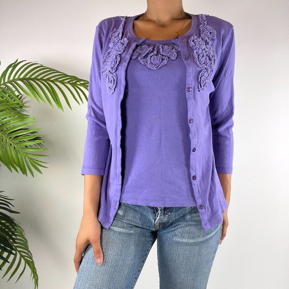 Vintage Y2K Purple FloralāCottagecore Cardigan & Tank Top Set / Size: M - Picture 3 of 5